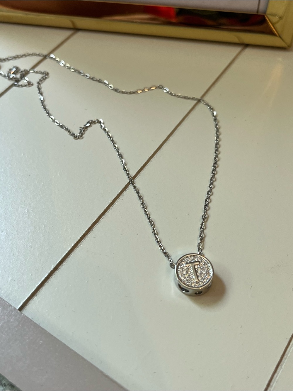 Silver Stainless Steel Initial 'T' Pavé Pendant Necklace - Women Jewelry